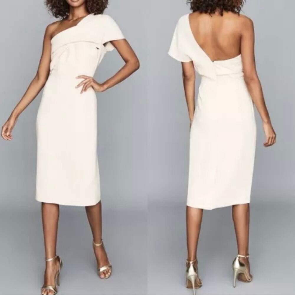 NWT REISS Womens Riana One Shoulder Draped Midi Dress Blush Pink Size 2